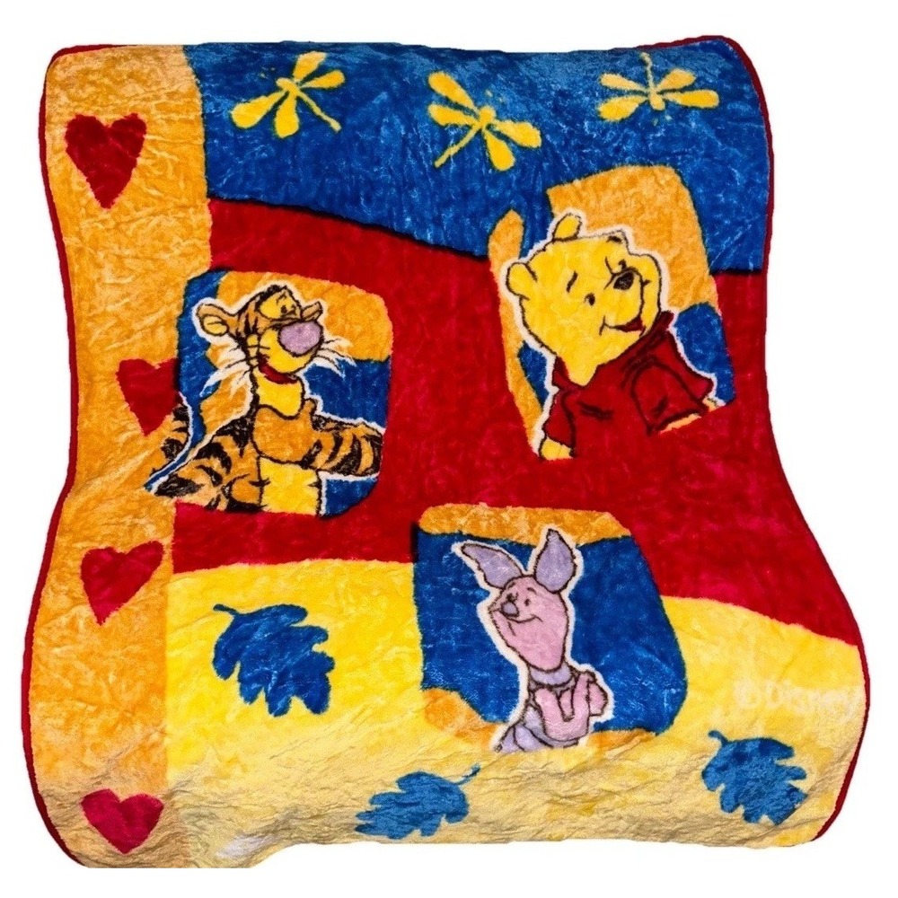 Vtg Winnie The Pooh Plush Throw Blanket Tigger Piglet  Hearts Colorful 43 X 54